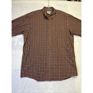 LL Bean Men's Large Tall Short-Sleeve Button Orange Blue Plaid Traditional Fit